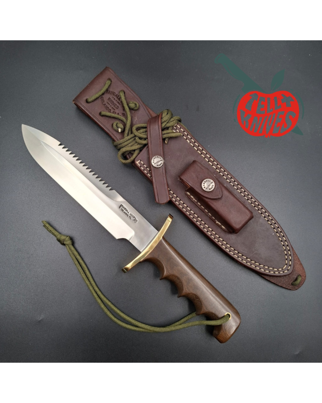 Randall Made Knives Model 14 - 7.5 full tang forged stainless steel sawteeth brass guard brown micarta handle waxed brow