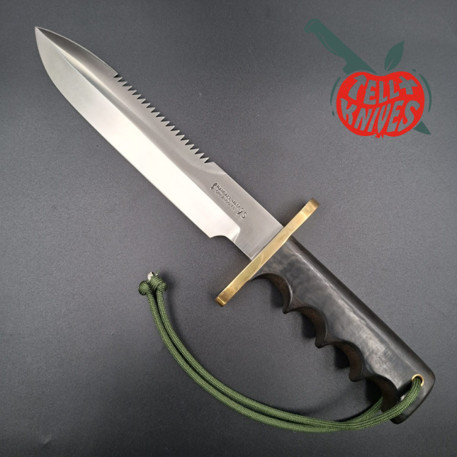 Randall Made Knives 1998 Model 14 - 7.5 full tang forged stainless steel sawteeth brass guard green micarta handle brown