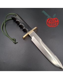 Randall Made Knives 1998 Model 14 - 7.5 full tang forged stainless steel sawteeth brass guard green micarta handle brown