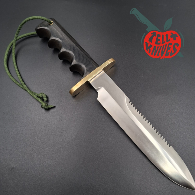 Randall Made Knives 1998 Model 14 - 7.5 full tang forged stainless steel sawteeth brass guard green micarta handle brown