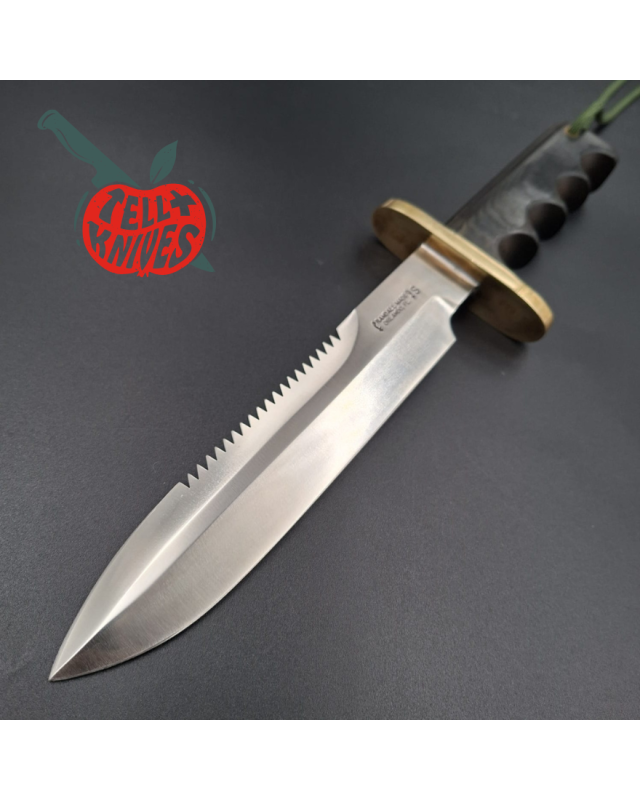 Randall Made Knives 1998 Model 14 - 7.5 full tang forged stainless steel sawteeth brass guard green micarta handle brown