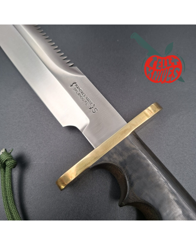 Randall Made Knives 1998 Model 14 - 7.5 full tang forged stainless steel sawteeth brass guard green micarta handle brown