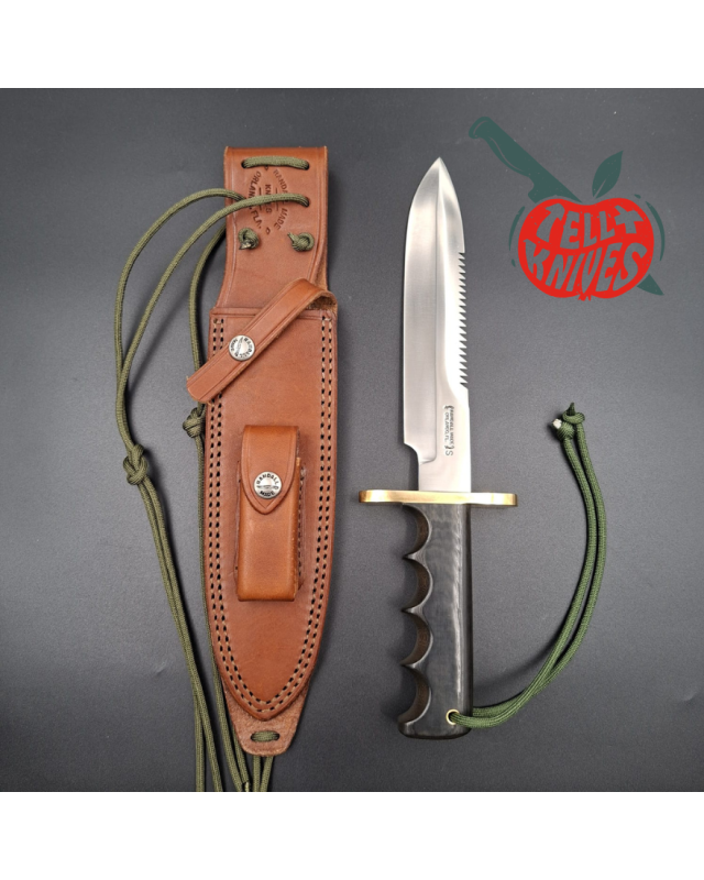 Randall Made Knives 1998 Model 14 - 7.5 full tang forged stainless steel sawteeth brass guard green micarta handle brown