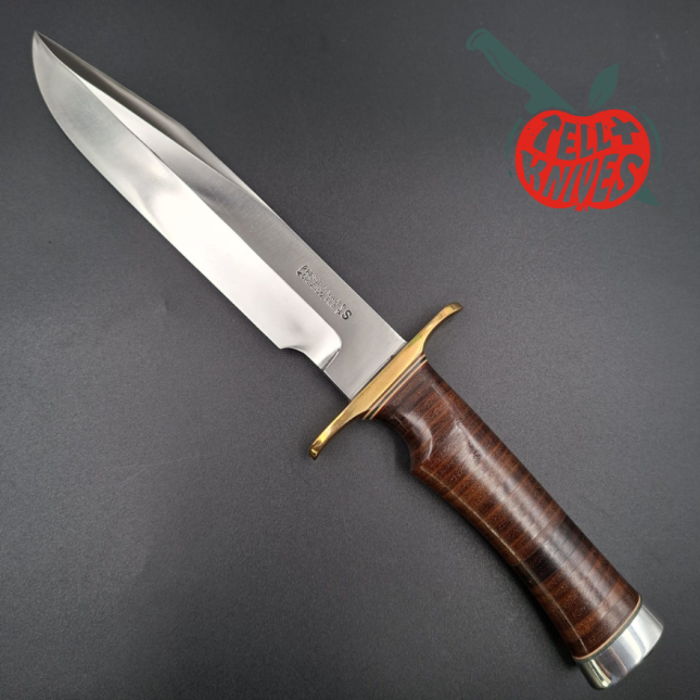 Randall Made Knives 2000 Model 14 - 7.5 forged stainless steel brass guard single finger stacked leather handle black leather