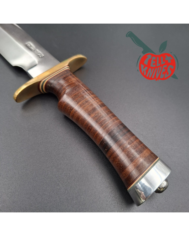 Randall Made Knives 2000 Model 14 - 7.5 forged stainless steel brass guard single finger stacked leather handle black leather