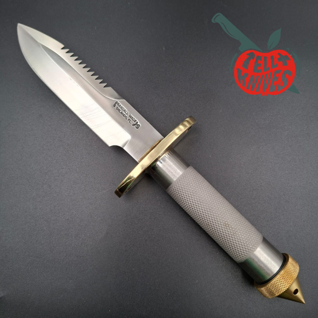 Randall Made Knives Model 18 5.5 forged stainless steel tubular handle brass guard brown leather sheath brass skull crus