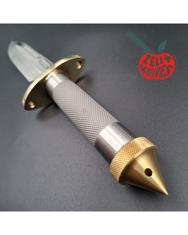 Randall Made Knives Model 18 5.5 forged stainless steel tubular handle brass guard brown leather sheath brass skull crus