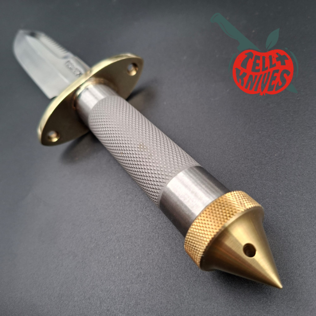 Randall Made Knives Model 18 5.5 forged stainless steel tubular handle brass guard brown leather sheath brass skull crus