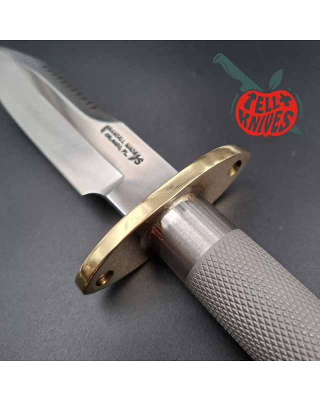 Randall Made Knives Model 18 5.5 forged stainless steel tubular handle brass guard brown leather sheath brass skull crus