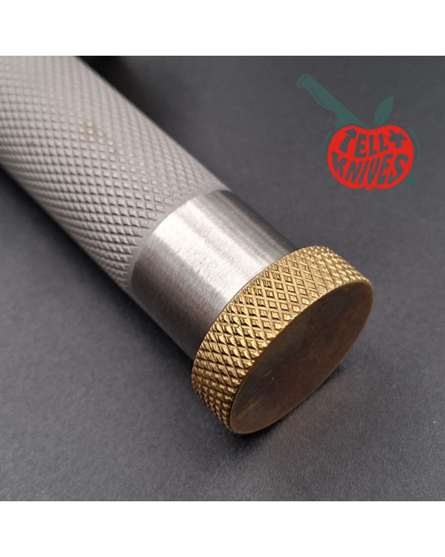 Randall Made Knives Model 18 5.5 forged stainless steel tubular handle brass guard brown leather sheath brass skull crus