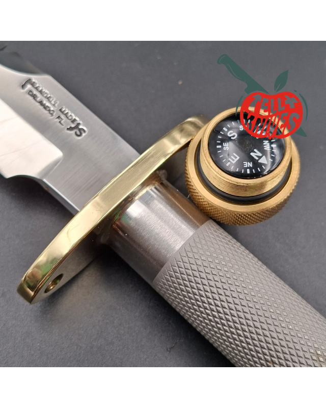 Randall Made Knives Model 18 5.5 forged stainless steel tubular handle brass guard brown leather sheath brass skull crus