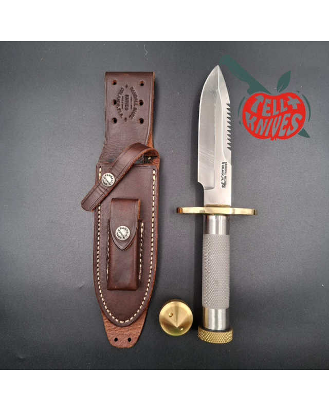Randall Made Knives Model 18 5.5 forged stainless steel tubular handle brass guard brown leather sheath brass skull crus
