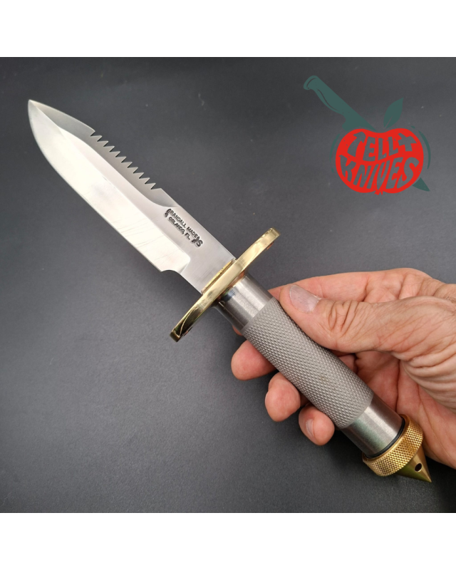 Randall Made Knives Model 18 5.5 forged stainless steel tubular handle brass guard brown leather sheath brass skull crus