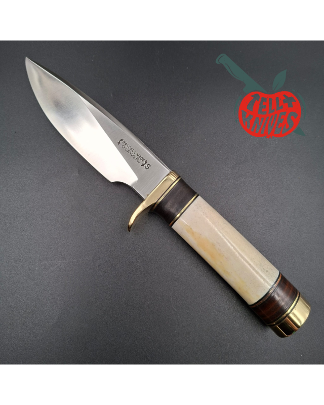 Randall Made Knives 1990 Model 25-5 The Trapper forged stainless steel ground stag handle brass guard brown leather shea