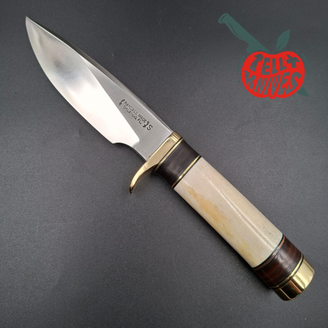 Randall Made Knives 1990 Model 25-5 The Trapper forged stainless steel ground stag handle brass guard brown leather shea