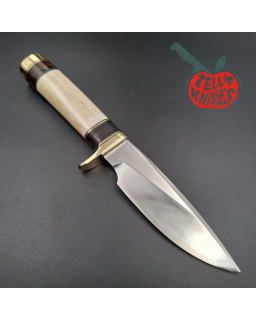 Randall Made Knives 1990 Model 25-5 The Trapper forged stainless steel ground stag handle brass guard brown leather shea