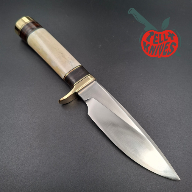 Randall Made Knives 1990 Model 25-5 The Trapper forged stainless steel ground stag handle brass guard brown leather shea
