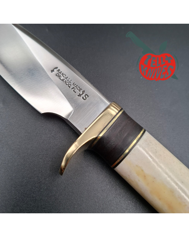 Randall Made Knives 1990 Model 25-5 The Trapper forged stainless steel ground stag handle brass guard brown leather shea