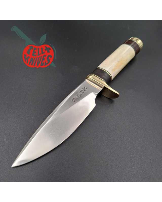Randall Made Knives 1990 Model 25-5 The Trapper forged stainless steel ground stag handle brass guard brown leather shea