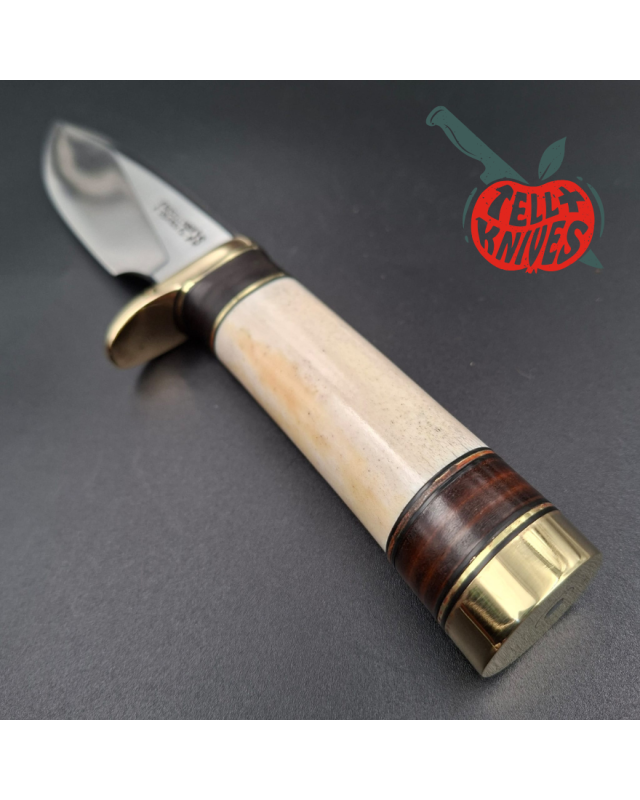 Randall Made Knives 1990 Model 25-5 The Trapper forged stainless steel ground stag handle brass guard brown leather shea