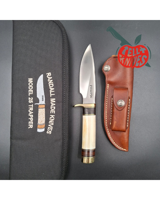Randall Made Knives 1990 Model 25-5 The Trapper forged stainless steel ground stag handle brass guard brown leather shea