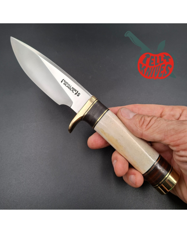 Randall Made Knives 1990 Model 25-5 The Trapper forged stainless steel ground stag handle brass guard brown leather shea
