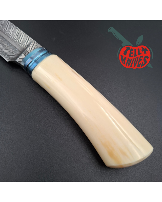 Michal Komorovsky Hunting Knife Damascus carbon steel bone handle black leather sheath