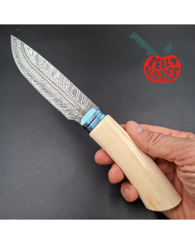 Michal Komorovsky Hunting Knife Damascus carbon steel bone handle black leather sheath