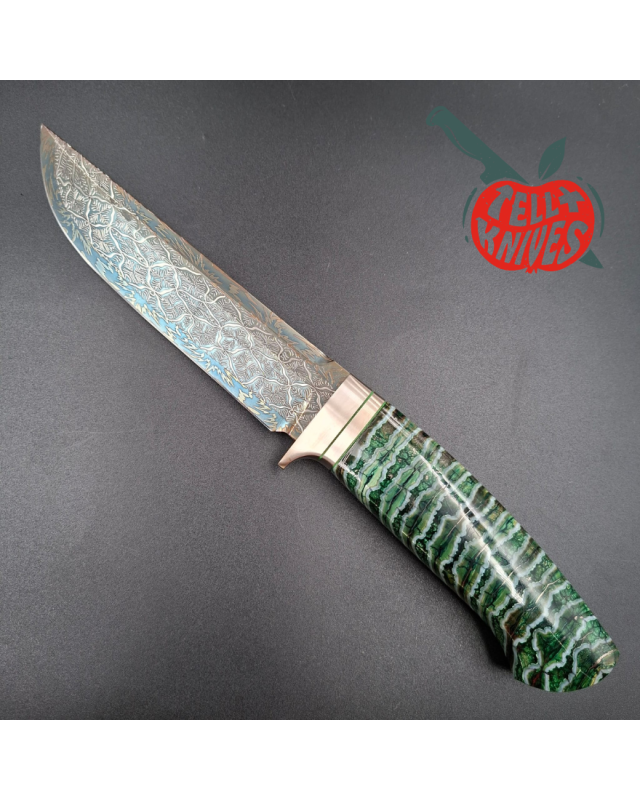Sergey Shidlovskiy Custom Knives Model HULK Mosaic Damascus blade fossilized green mammoth handle