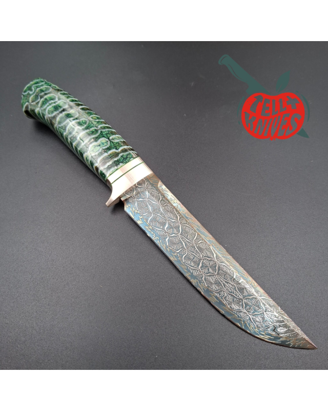 Sergey Shidlovskiy Custom Knives Model HULK Mosaic Damascus blade fossilized green mammoth handle