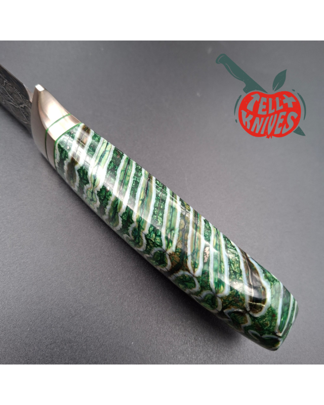 Sergey Shidlovskiy Custom Knives Model HULK Mosaic Damascus blade fossilized green mammoth handle