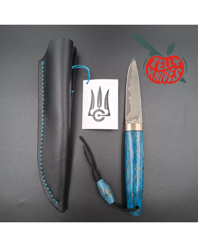 Sergey Shidlovskiy Custom Knives Model Dandy Medium M390 laminate steel Blue Karelian Birch wood handle black leather sh