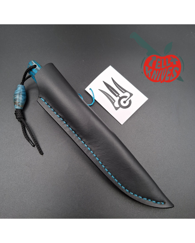 Sergey Shidlovskiy Custom Knives Model Dandy Medium M390 laminate steel Blue Karelian Birch wood handle black leather sh