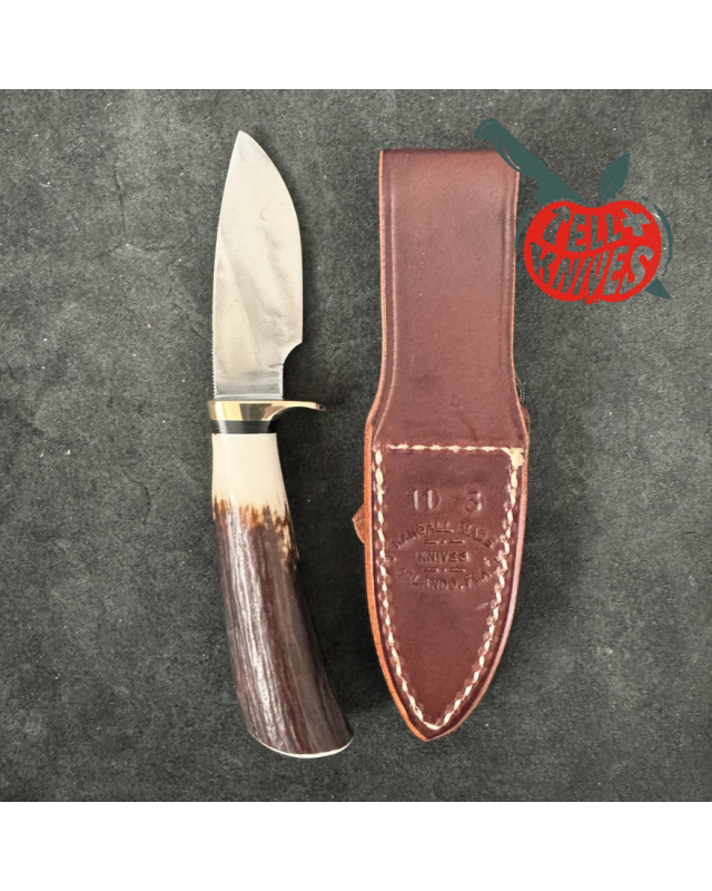Randall Model 11 - 3.25 Alaskan Skinner forged carbon steel stag handle brass guard brown leather sheath