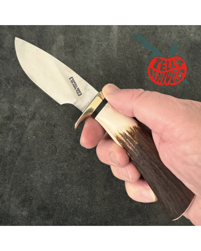 Randall Model 11 - 3.25 Alaskan Skinner forged carbon steel stag handle brass guard brown leather sheath