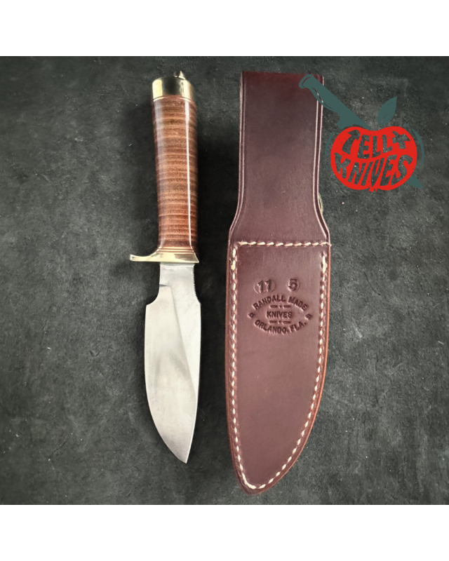 Randall Model 11 - 5 Alaskan Skinner forged carbon steel stacked leather handle brass guard brown leather sheath
