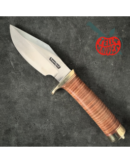 Randall Model 19 - 5 Bushmaster forged carbon steel stacked leather handle brass guard brown leather sheath