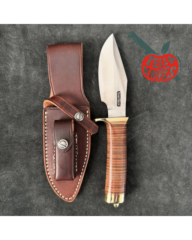 Randall Model 19 - 5 Bushmaster forged carbon steel stacked leather handle brass guard brown leather sheath