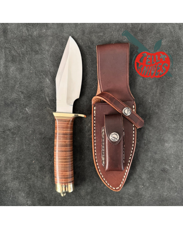 Randall Model 19 - 5 Bushmaster forged carbon steel stacked leather handle brass guard brown leather sheath