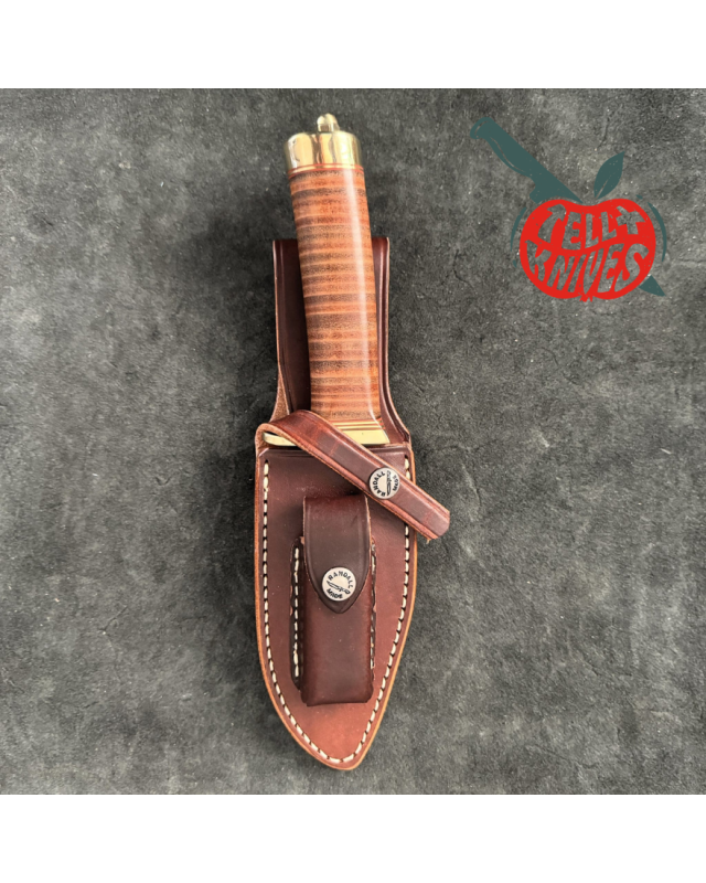 Randall Model 19 - 5 Bushmaster forged carbon steel stacked leather handle brass guard brown leather sheath