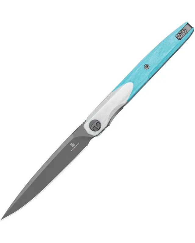 Bestech Knives Bestechman Lanza 14C28N Sandvik stainless steel grey PVD coated blade blue and white G10 handle