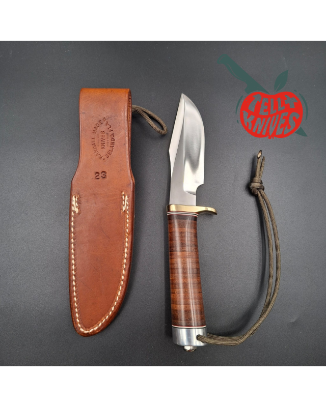 Randall Made Knives 1990 Model 23 Gamemaster forged carbon steel stacked leather handle brass guard brown leather sheath