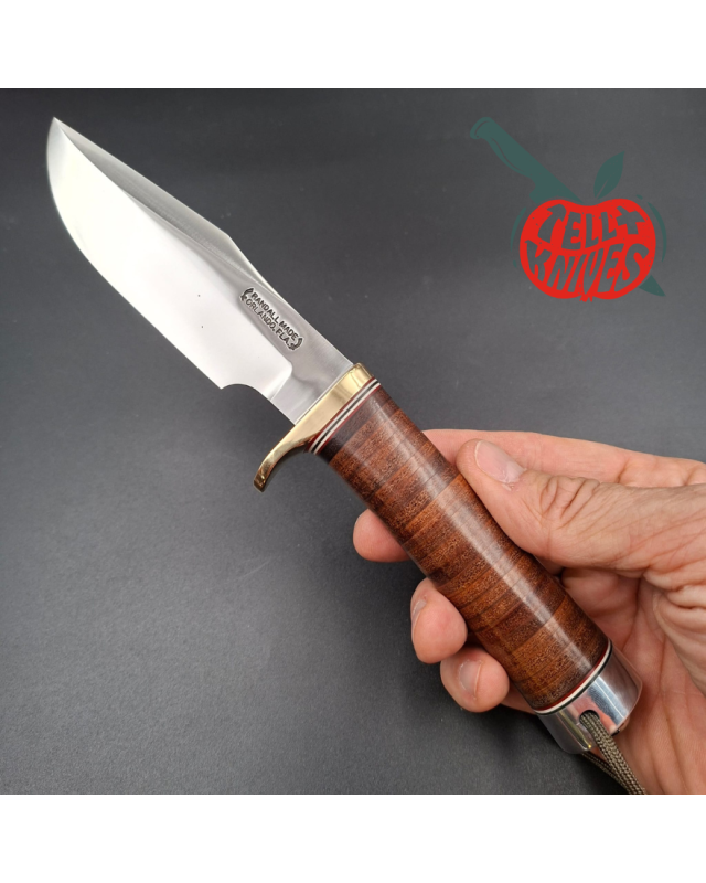 Randall Made Knives 1990 Model 23 Gamemaster forged carbon steel stacked leather handle brass guard brown leather sheath