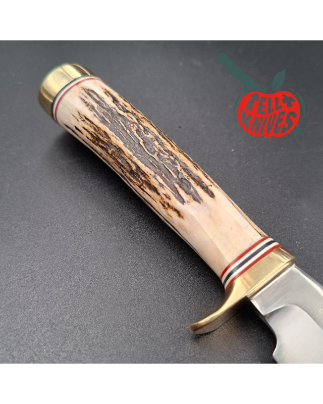 Randall Made Knives 2001 Model Mini 3 forged stainless steel stag handle brass guard brown leather sheath