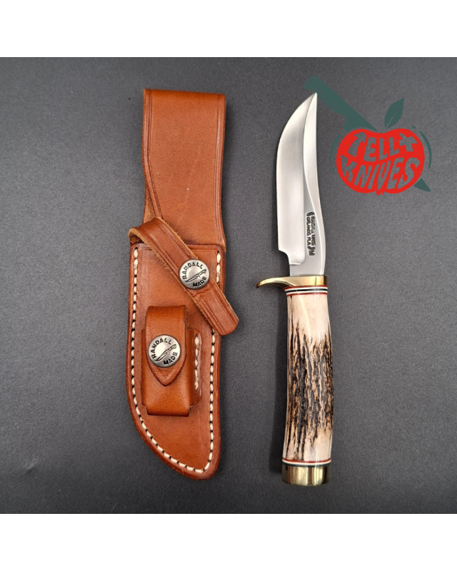 Randall Made Knives 2001 Model Mini 3 forged stainless steel stag handle brass guard brown leather sheath