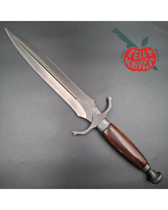 Michal Komorovsky Hunting Dagger Sleipner steel black DLC coating Arizona Ironwood handle brown leather sheath