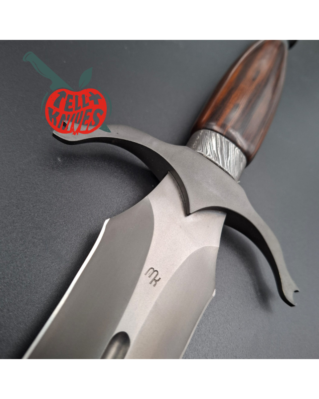 Michal Komorovsky Hunting Dagger Sleipner steel black DLC coating Arizona Ironwood handle brown leather sheath