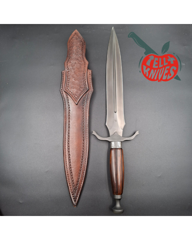 Michal Komorovsky Hunting Dagger Sleipner steel black DLC coating Arizona Ironwood handle brown leather sheath