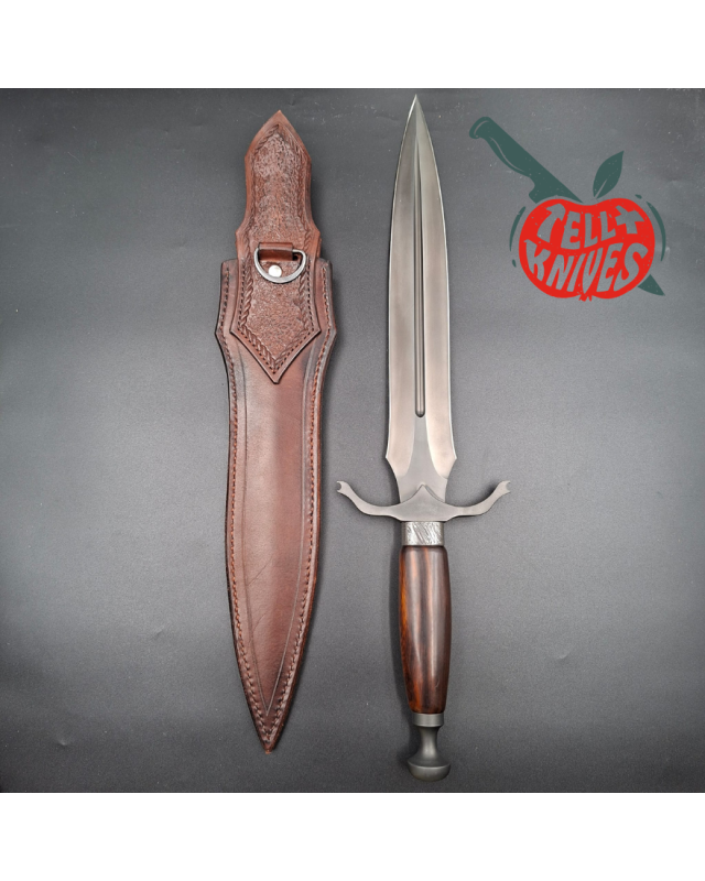 Michal Komorovsky Hunting Dagger Sleipner steel black DLC coating Arizona Ironwood handle brown leather sheath