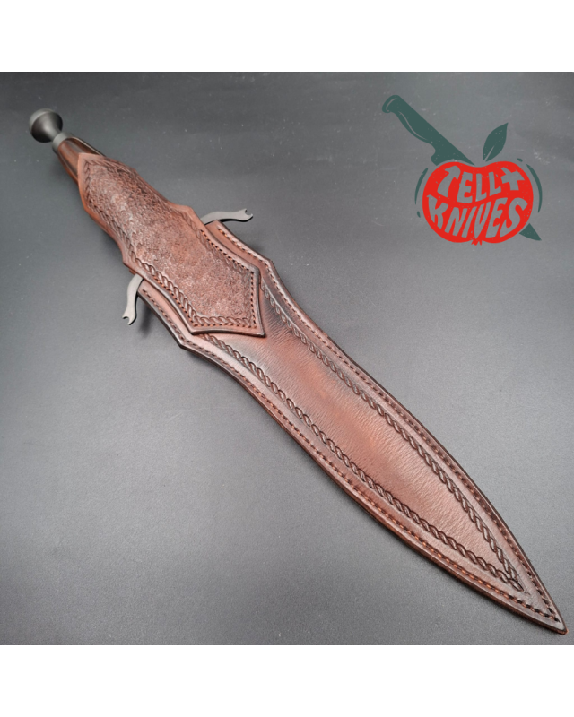 Michal Komorovsky Hunting Dagger Sleipner steel black DLC coating Arizona Ironwood handle brown leather sheath